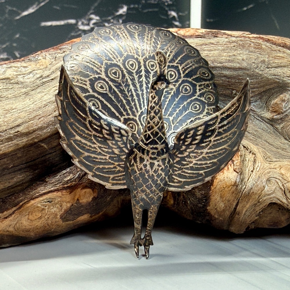 Vintage Siam Sterling Silver Niello Peacock Brooch Hinged Articulated Tail 22.9g
